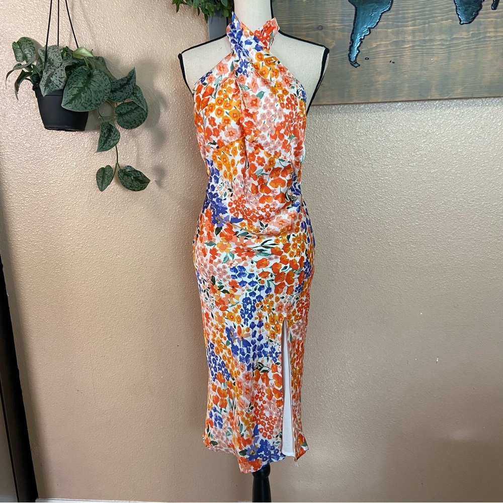 NWOT Lulus Bold Presence Orange Multi Floral Satin Halter Midi Dress - Picture 7 of 10